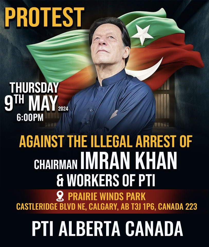 Pakistani dispora in Alberta, Canada will be gathering in solidarity with Imran Khan on Thursday 9th May @ 6:00 pm. 

#نو_مئی_بہانہ_PTI_نشانہ 
#ReleaseImranKhan