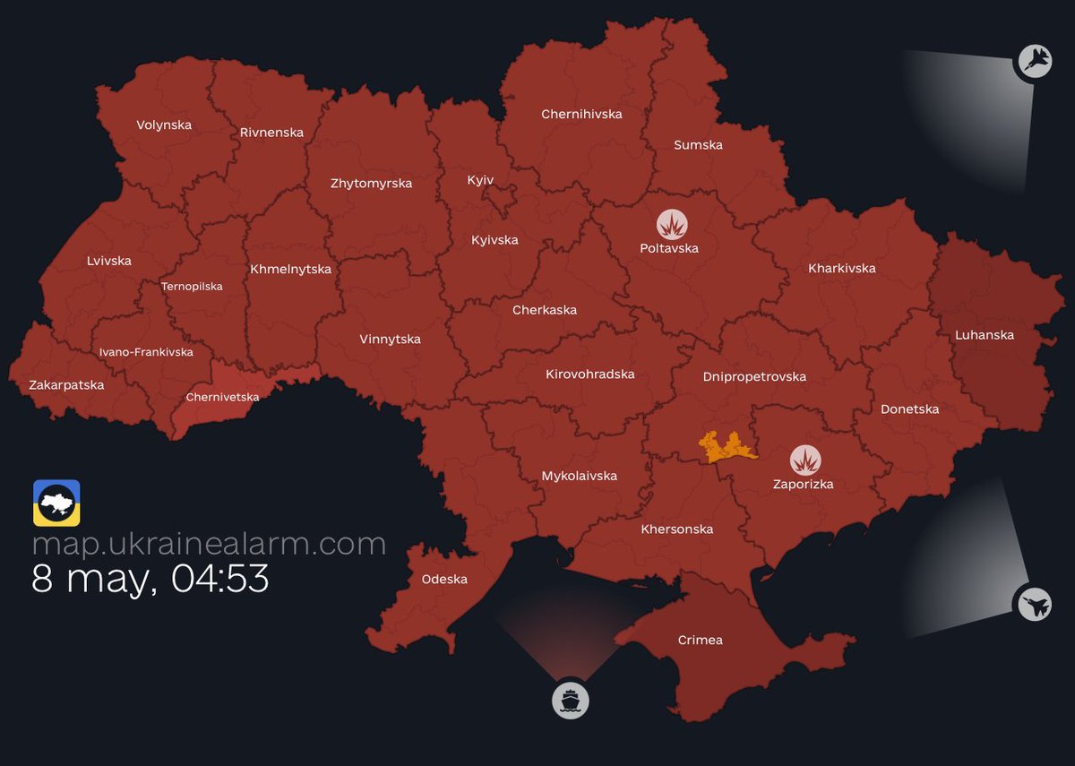 Russische Angriffe auf die Ukraine mit Drohnen und Raketen am 8. Mai. Luftalarm auf dem gesamten Staatsgebiet.