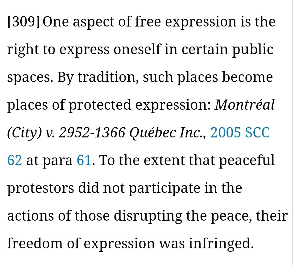 @CanadaFP Liberal government: 'freedom of expression is essential to democracy'

Federal Court on the Liberals' use of the Emergencies Act: 'To the extent that peaceful protestors did not participate in the actions of those disrupting the peace, their freedom of expression was infringed'