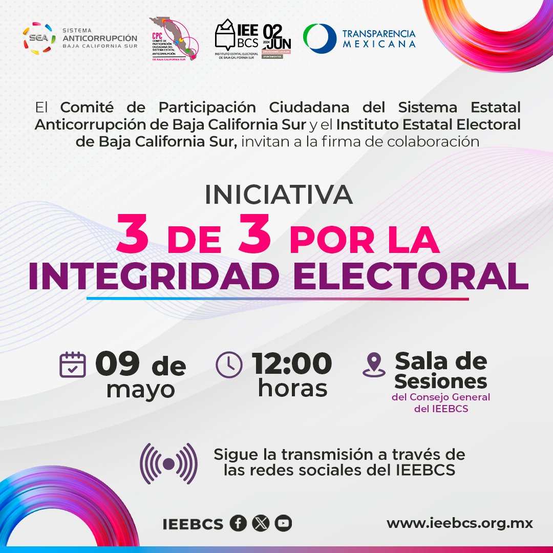 🔴 No te pierdas la transmisión en vivo de la firma de colaboración de la 'Iniciativa 3 de 3 por la Integridad Electoral', la cual se llevará a cabo entre este Instituto, el Comité de Participación Ciudadana del SEA de BCS , Transparencia Mexicana y el ITAI BCS.