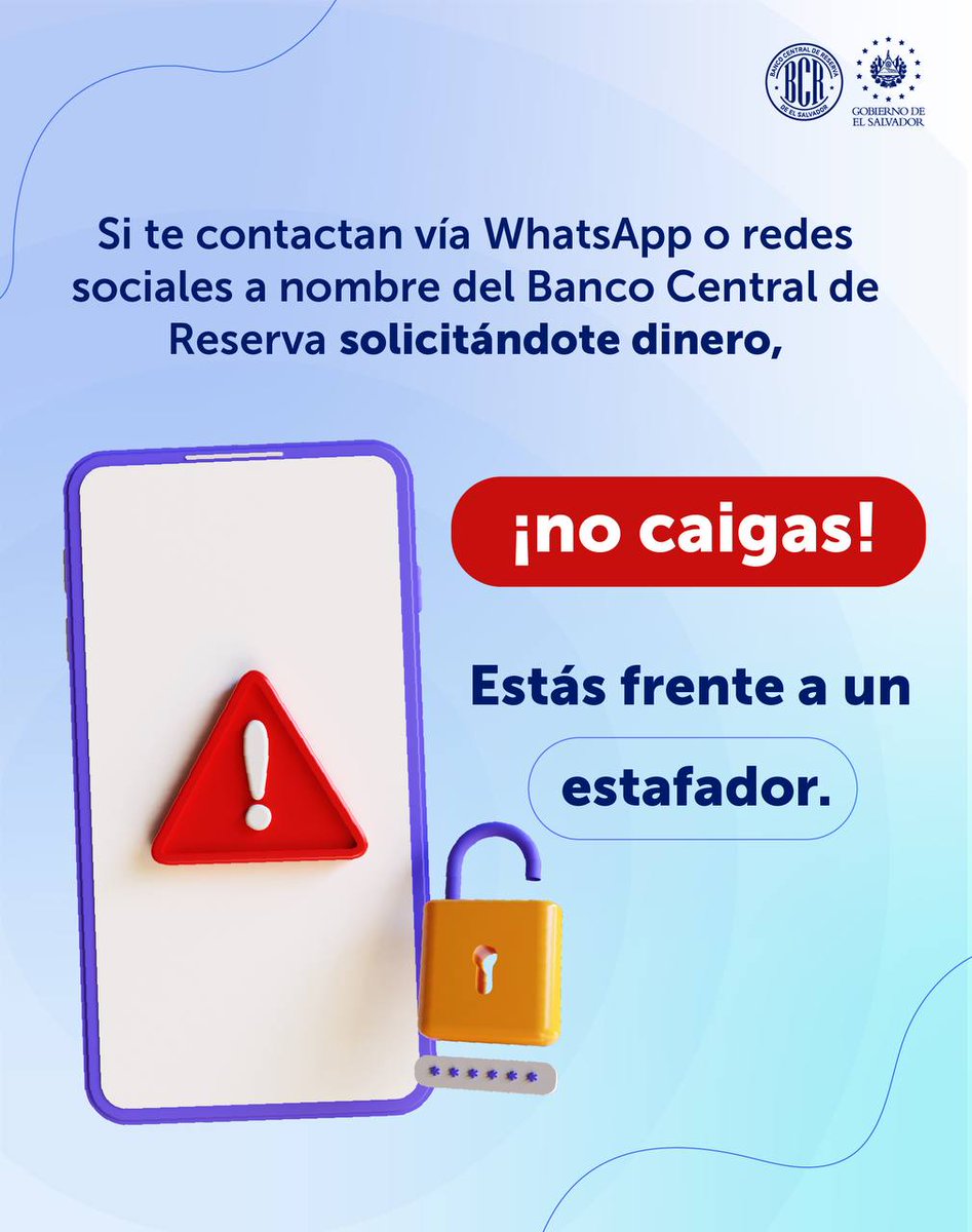 El Censo de Población y Vivienda El Salvador 2024 nunca te contactará para pedirte dinero ni te enviará links para reclamar ningún premio ❗️. Ante dudas, llama al 2281-8000 o contáctanos por medio de nuestras redes sociales oficiales.