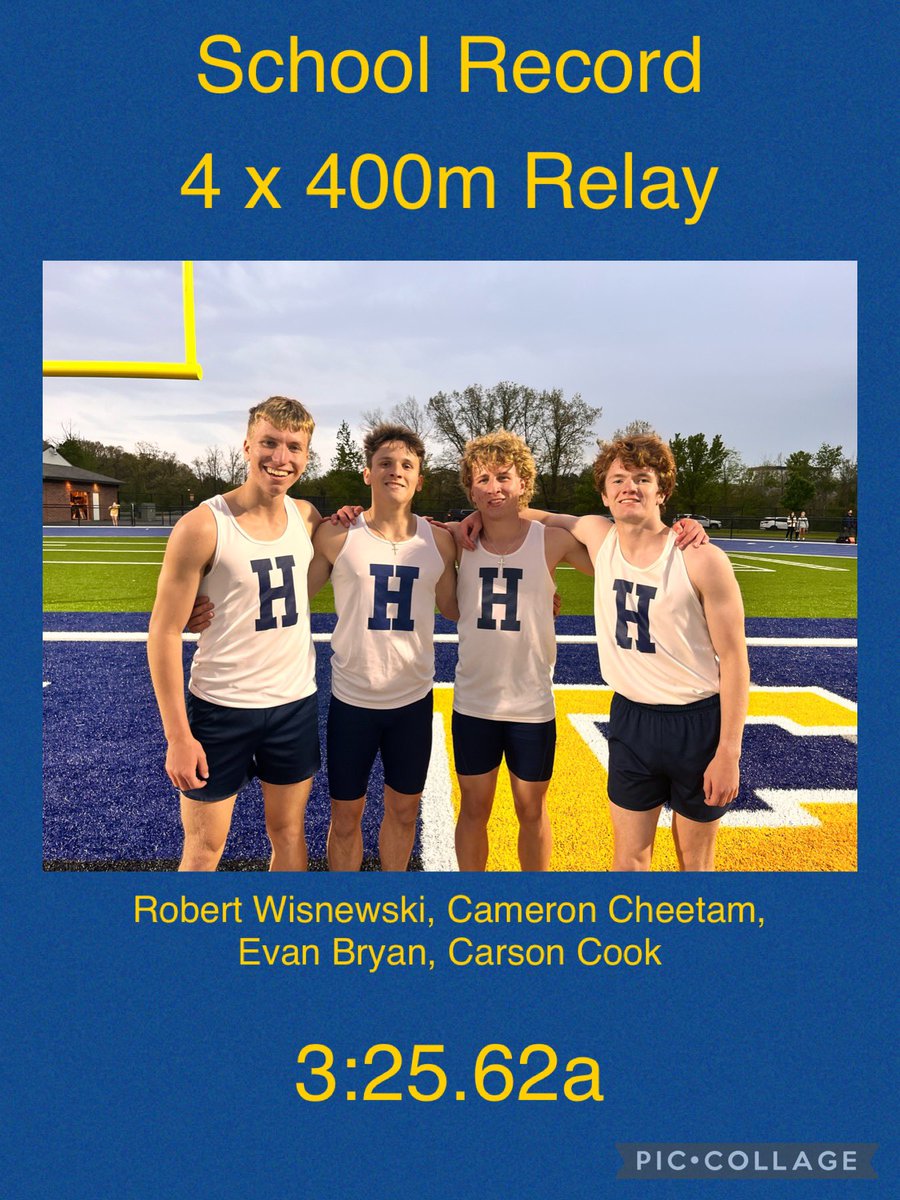 The Hartland boys track relays had a big night! They were able to break the school records in all three sprint relays! 4x100 = 43.01, 4x200m = 1:29.77, 4x400m = 3:25.62! Congrats to all!(Sorry forgot to grab 4x1 pic)