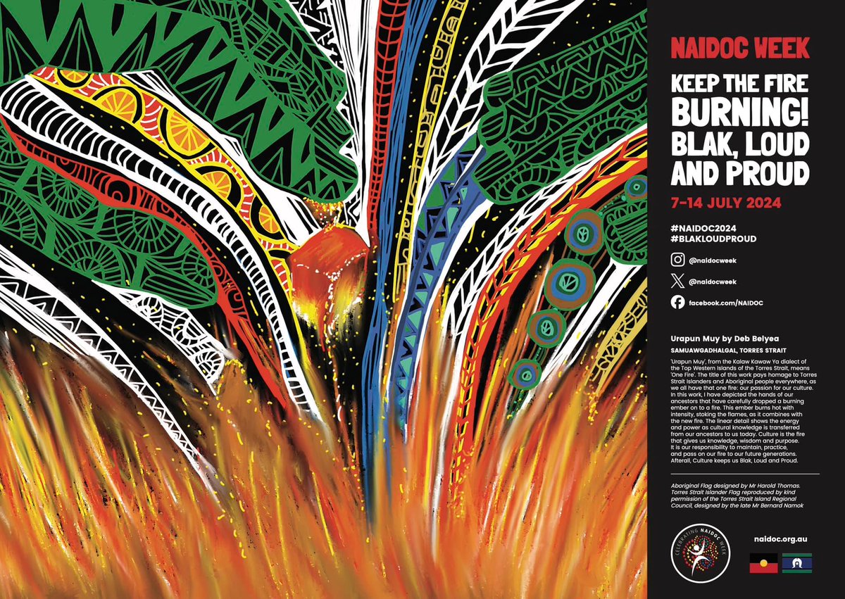 The 2024 NAIDOC poster is here 🔥 Samuawgadhalgal artist Deb Belyea is the winner of the NAIDOC Week Poster Competition with her work ‘Urapun Muy’ 'Culture is the fire that burns within all of us. It is essential to us when we talk about our people, identity, and spirituality.'