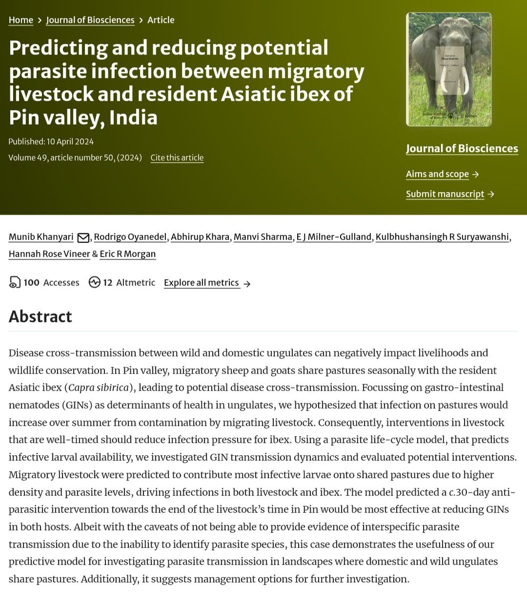 New research investigated the potential for GIN #parasite transmission between migratory livestock and #ibex in India, evaluating possible interventions. Find it here 👉 link.springer.com/article/10.100…