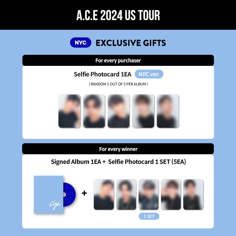 📣2024 A.C.E US TOUR [REWIND US] Fansign Event is now open!

🗓️Available until May 19, 11:59 PM (KST) 
📸MMT exclusive photocard
🎁 Winner gift: 1 SET of selfie Photocard

LA🌴 mmt.fans/bwi2
NYC🗽mmt.fans/bw6s

#ACE_REWINDUS #FindMyCHOICE #ACE #에이스 #MMTShop