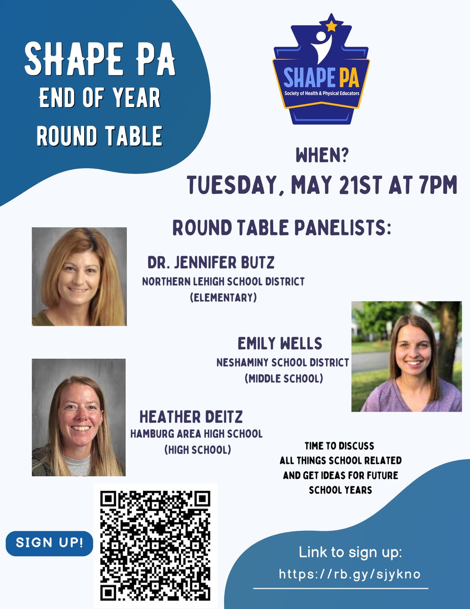 Join SHAPE PA for our end of year round table on 5/21 @ 7PM. Discussions will be led by <a href="/DrJButz/">Jennifer Butz, Ed.D.</a> <a href="/PEwithMsWells/">Emily Wells</a> &amp; <a href="/hdeitz84/">Heather Deitz</a>. Get ideas to help end this year strong &amp; start next year on the right foot! Scan the QR code or click tinyurl.com/SHAPEPA24round… to register!