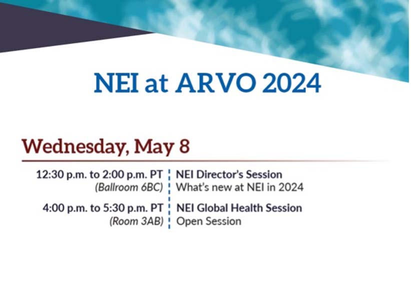 Interested to learn what's happening at @NatEyeInstitute in 2024? Attend these #ARVO2024 sessions tomorrow (Weds 5/8)! 1) NEI Director session with overview of major activities this past year (12:30pm PT), 2) global health session on myopia (4pm PT) @ARVOinfo