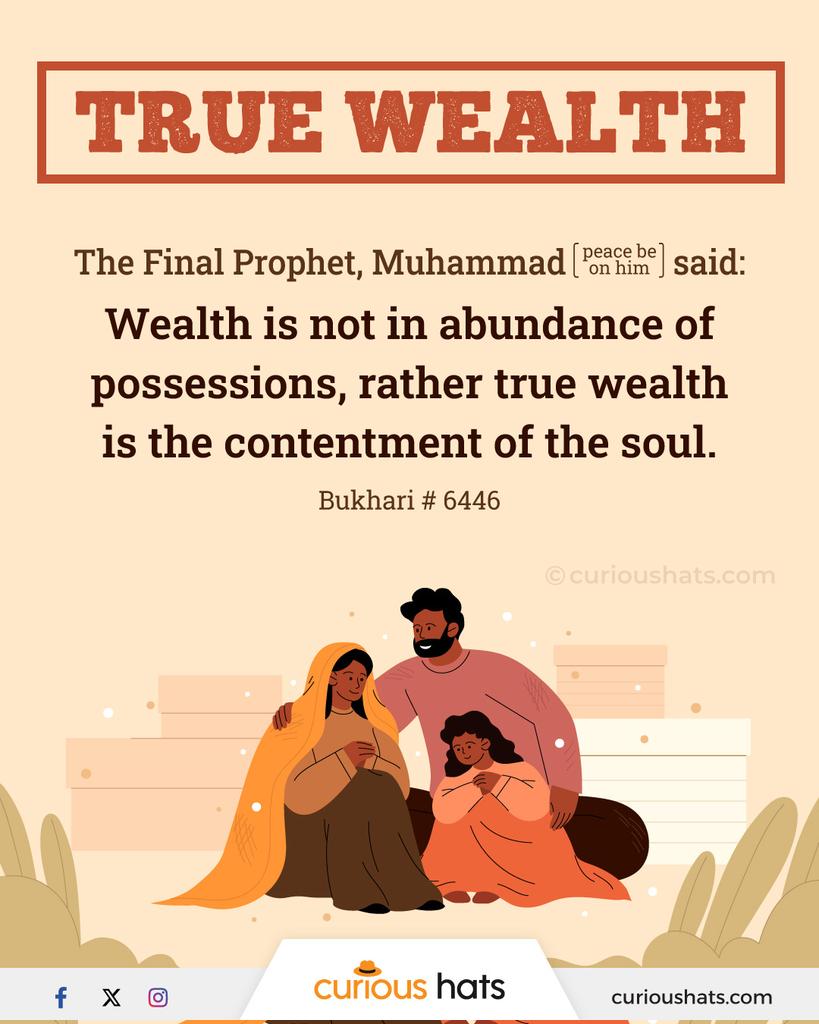 TRUE WEALTH

The Final Prophet Muhammad (peace be on him) said: 

Wealth is not in abundance of possessions, rather true wealth is the contentment of the soul. 

Bukhari # 6446

#CuriousHats #Hadith #Truewealth