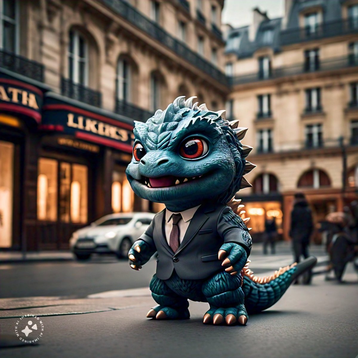 #paris #metaAI Using imagine: Mini chibi Godzilla in suit on street of Paris.