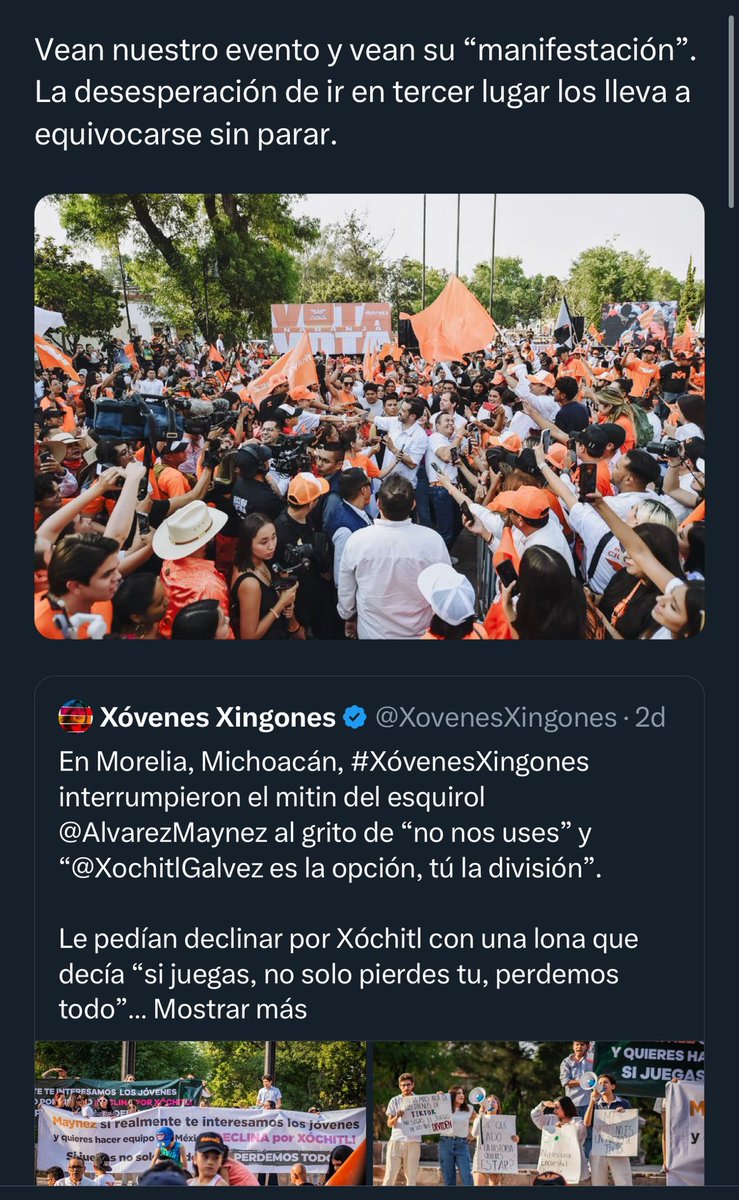 Oye @XochitlGalvez: Mañana voy a Querétaro. Iba a ir a la Universidad Autónoma y mandaste reventar, por segunda vez, el evento. Lo intentaron en Morelia e hicieron el ridículo. Y ahora insisten. Ten dignidad; yo siempre he sido respetuoso contigo. Acepta que ya te rebasé.