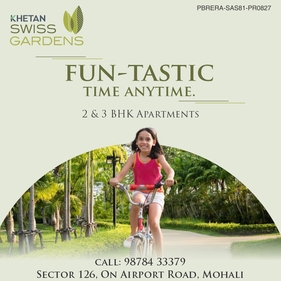 Nestled in the heart of Mohali, #KHETANSWISSGARDENS, exquisite 2& #3BHKAPARTMENTS offer a haven of Enthusiasm and Comfort. With thoughtfully designed spaces & lush green surroundings, it's the perfect place for Kids & Family-fun time. Call: 98784 33379