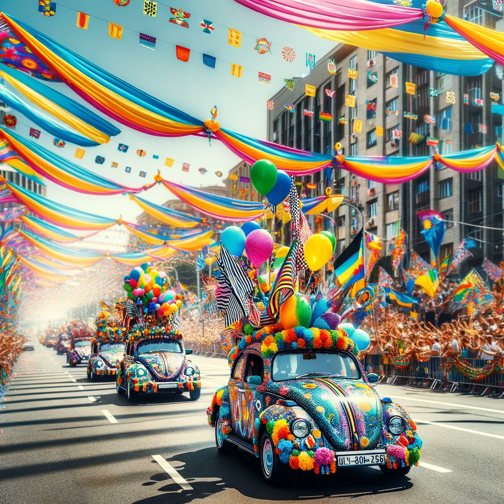 Rolling through the celebration in style! 🎉🚗 A vibrant parade of cars decked out in flags and balloons for a festive day. #FestivalParade #CarDecor #JoyfulCelebration #CommunitySpirit