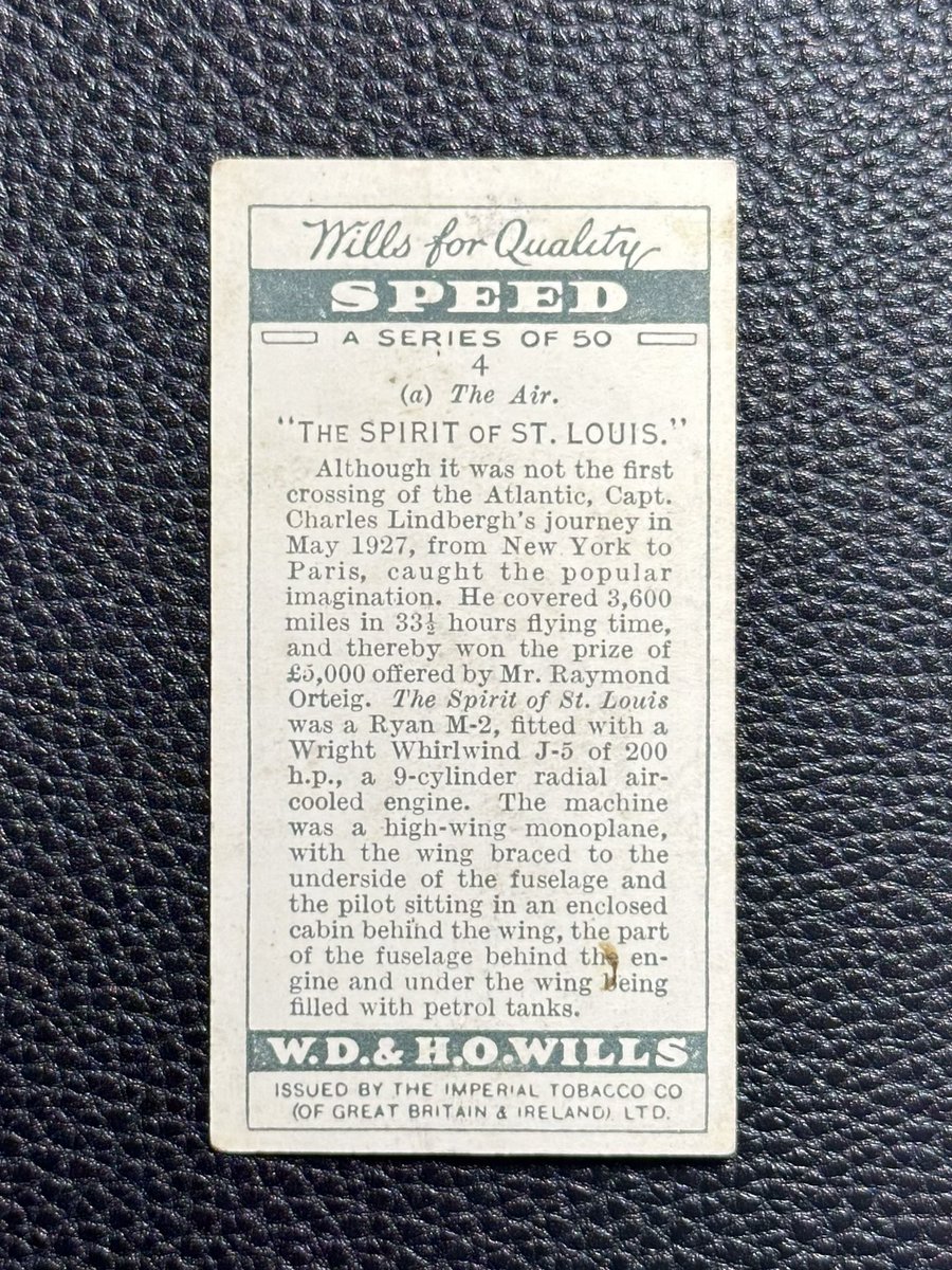 1930 Wills’s Cigarettes #4 SPIRIT OF ST. LOUIS Built by Ryan Aircraft Company. Famously flown solo by Charles Lindbergh from NYC to Paris in 1927. Correct me if wrong, but I believe this is the 1st appearance of this aircraft on a card? @CardPurchaser #vintage @webflite