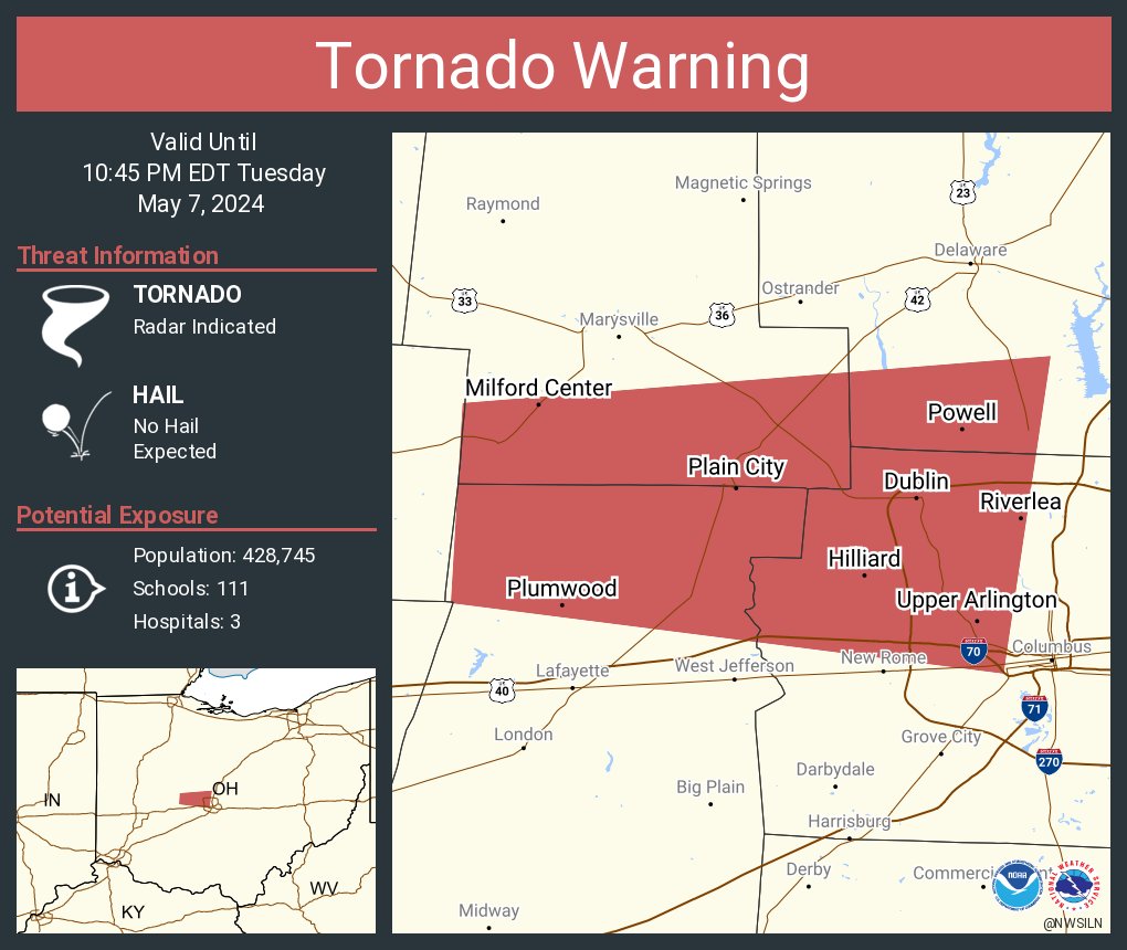 Tornado Warning including Dublin OH, Upper Arlington OH and Hilliard OH until 10:45 PM EDT