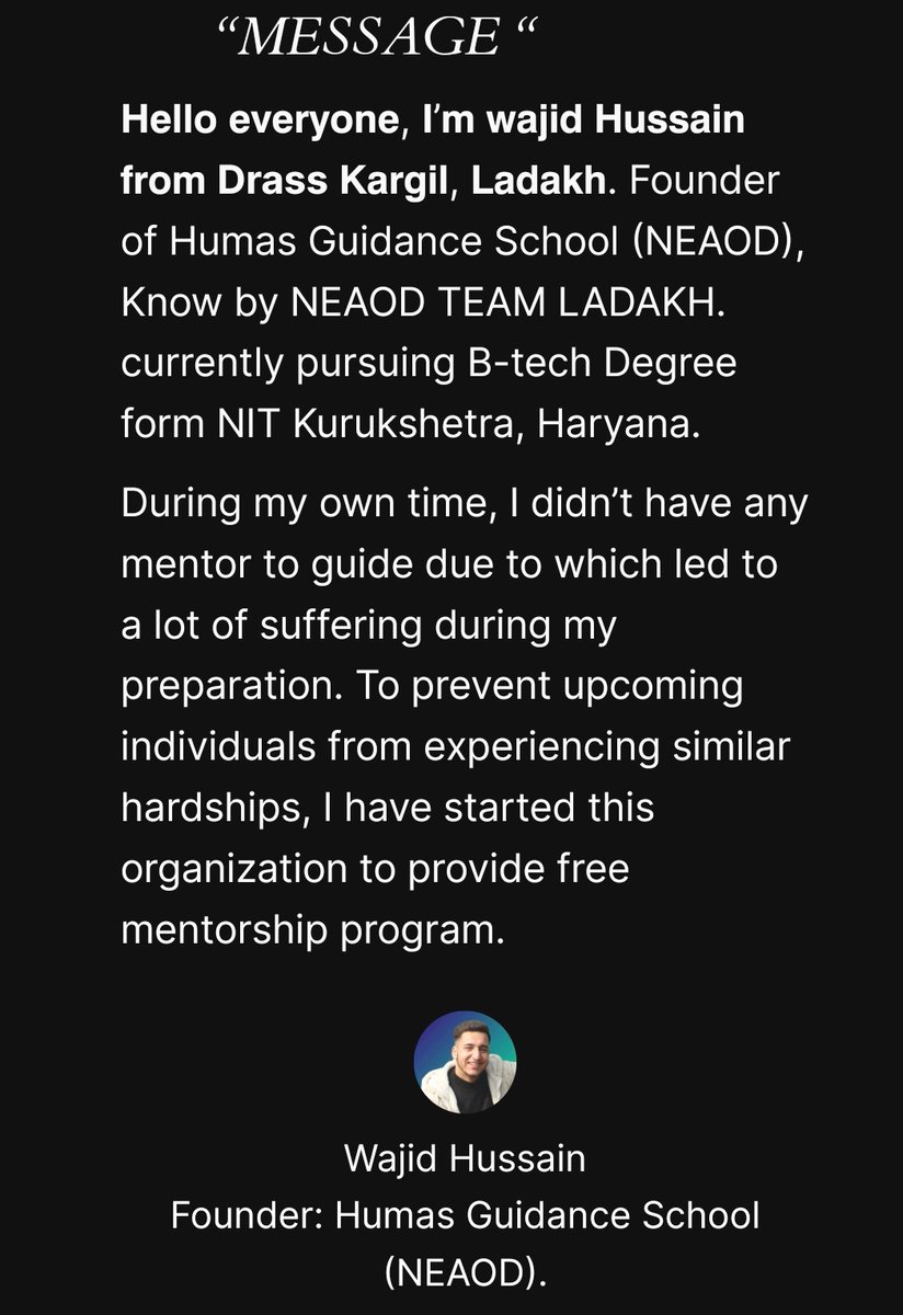 Humas Guidance school (NEAOD) is an non profit organization which basically aims to provide free
'Career Counselling and Guidance programs' to the students IITJEE ,NEET ,GATE,CLAT and other National Exam.The Initiative  is taken by WAJID HUSSAIN an UG Btech student.
#Founder