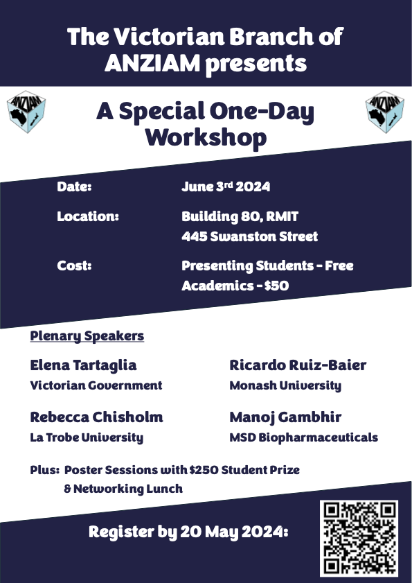 The VicANZIAM committee is excited to invite you to a one-day meeting at RMIT on Monday 3 June 2024.

A focus of the event will be a student/post-doc poster session with a $250 prize.

Please register and submit your abstracts at mathematics.org.au/sys/pages/plai… by 20 May.