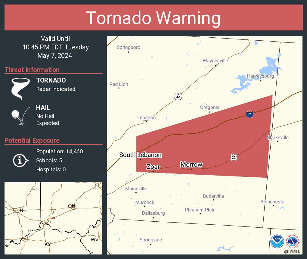 Tornado Warning including South Lebanon OH, Morrow OH and Zoar OH until 10:45 PM EDT