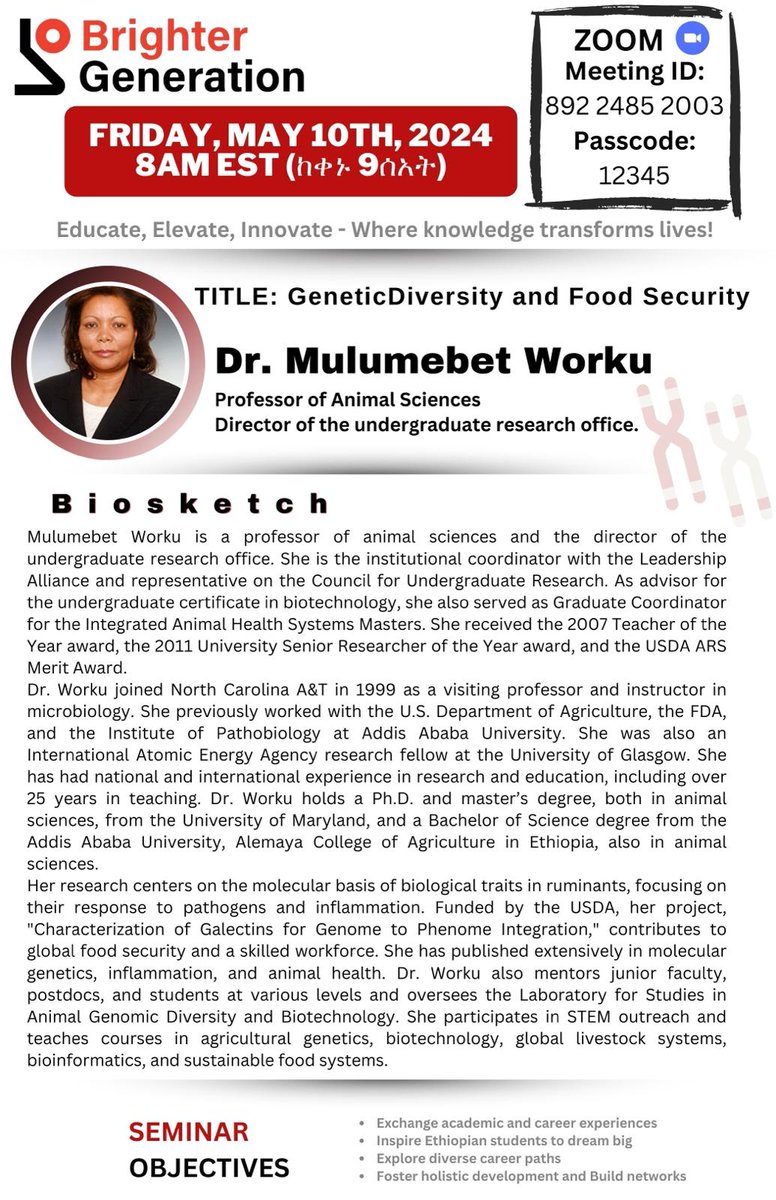 Brighter_Gen's tweet photo. Brighter Generation Monthly Seminar Series is back! Join us on Zoom on Friday, May 10 at 8 AM-EST, ከቀኑ 9 ሰአት featuring two distinguished speakers, Dr. Mulumebet Worku, and  Dr. Melody Smith. https://t.co/1kIvIce4yL