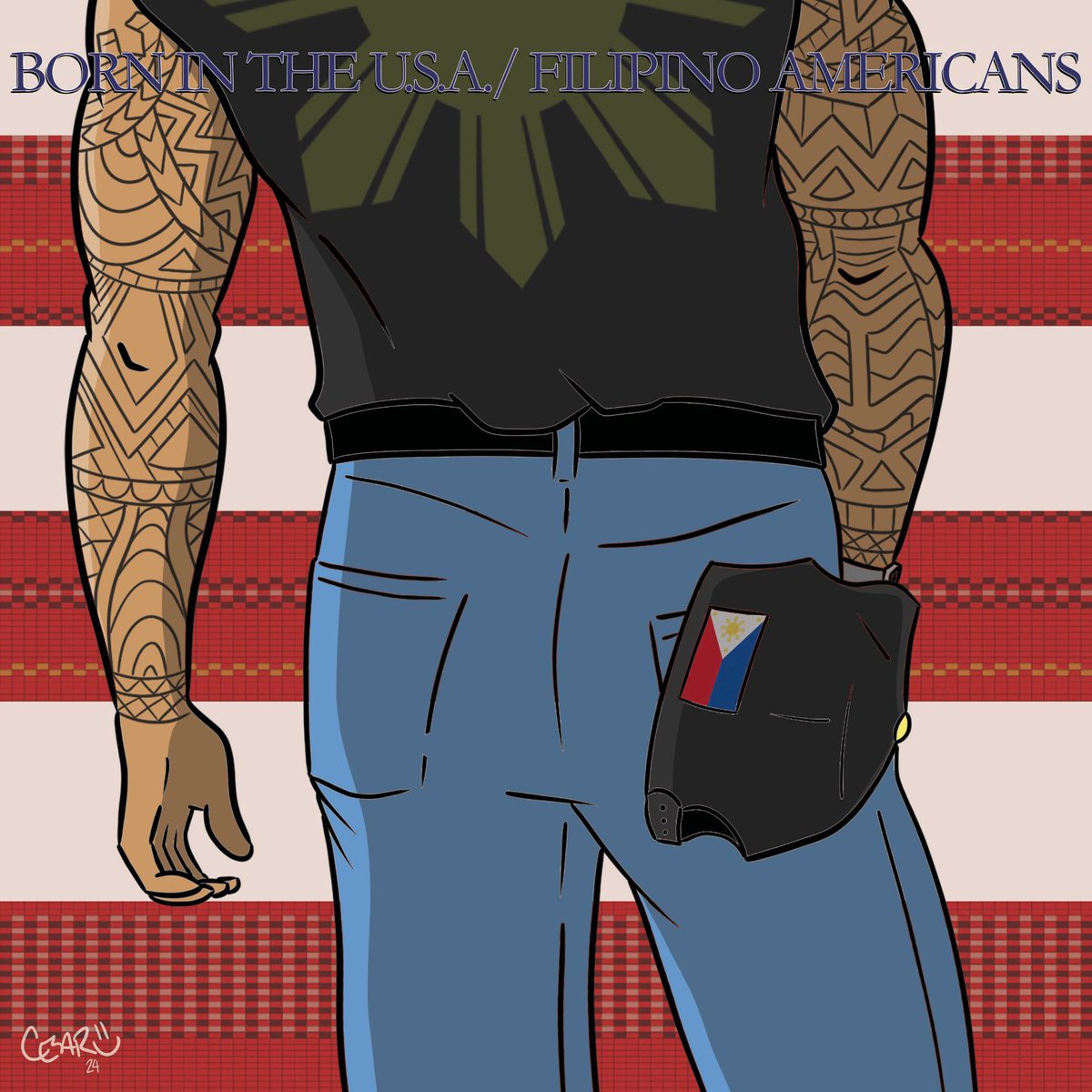 Born in the USA: Filipino Americans. AANHPI Heritage x Music Album Cover Month returns! Inspired by Bruce Springsteen, Born in the USA (1984). #art #illustration #filipino #filipinoamerican #aanhpiheritagemonth #music #albumcover #brucespringsteen #bornintheusa #filipinopride