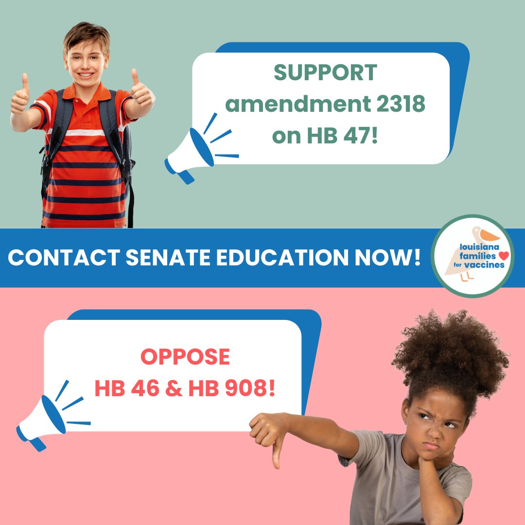 Quick Call to Action Needed! Tell our lawmakers to protect our children from vaccine preventable diseases! Contact the LA Senate Education Committee Now! lafamiliesforvaccines.org/action HB 47 and HB 908 will be heard in the Senate Education committee tomorrow at 1:00PM. #lagov #lalege