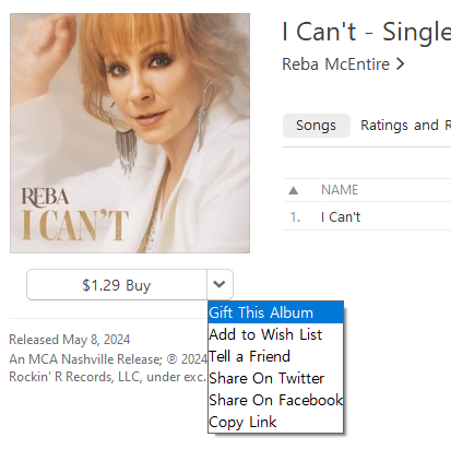 You can gift the single on the iTunes Mobile App and Desktop as well! I just sent it to a few friends.

INSTRUCTIONS: On Mobile, Tap the share arrow at the top left. On PC/Mac, under the single cover next to the price, click the down arrow.

strm.to/ICant #Reba  #ICant