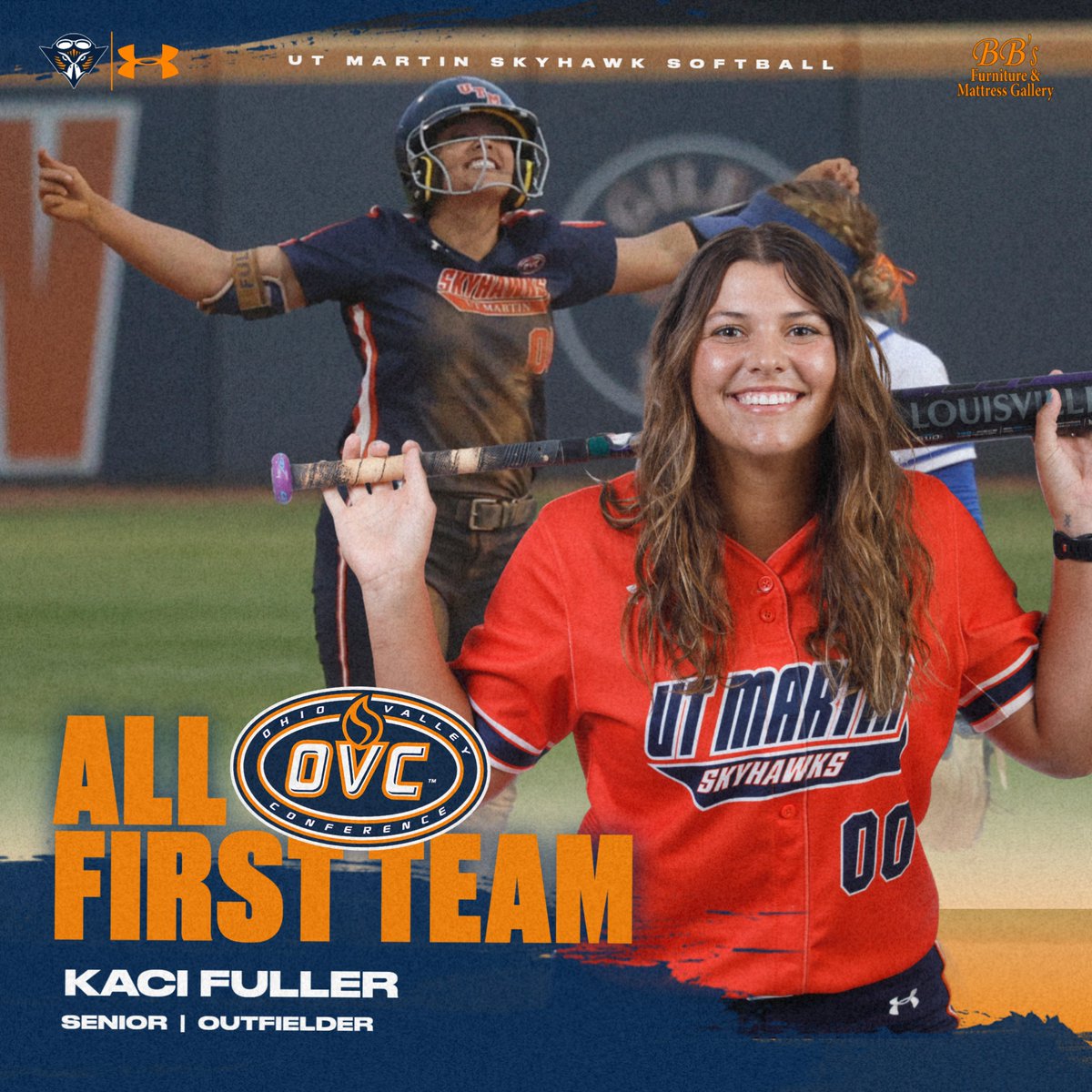 Congratulations to @UTMSoftball senior Kaci Fuller on her school-record FOURTH All-OVC honor! 🥎 2x All-OVC 1st team | 2x All-OVC 2nd team 🥎 .395 avg | 66 hits | 3 HR | 35 RBIs | 20 SBs 🥎 UTM all-time leader in hits (246) and AVG (.384) tinyurl.com/5b6zctub #MartinMade |