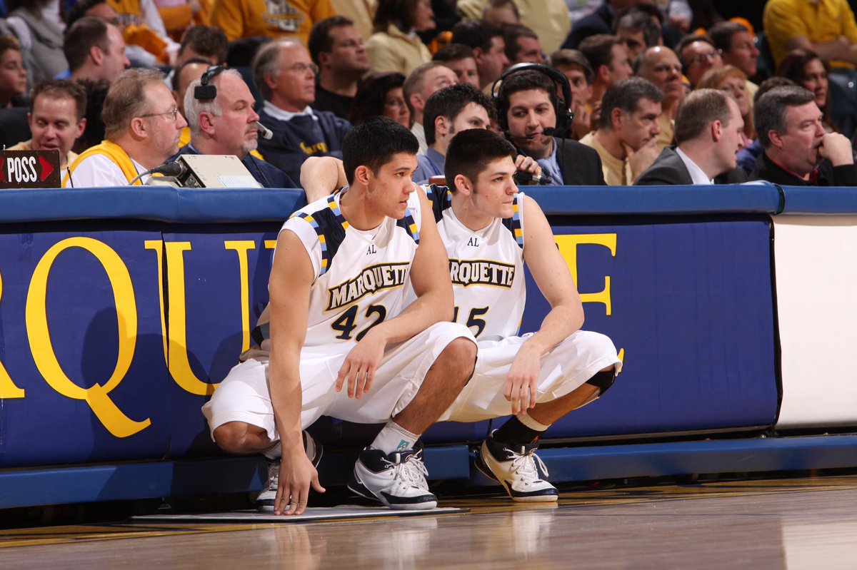 Tommy Brice (@TommyBricePT) and Rob Frozena wait to enter a game in the 2007-08 @MarquetteMBB season #mubb
