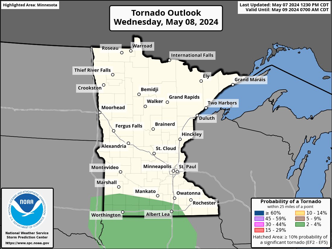 The Sun has set as we dodge yet another severe weather event this month (SW Minnesota doesn't count).

Tomorrow does bring a slim chance of severe weather, including a minimal tornado risk.

 #MNwx #WIwx #IAwx #RochMN #Rochester #Austin #Minneapolis #Mankato #MasonCity #LaCrosse