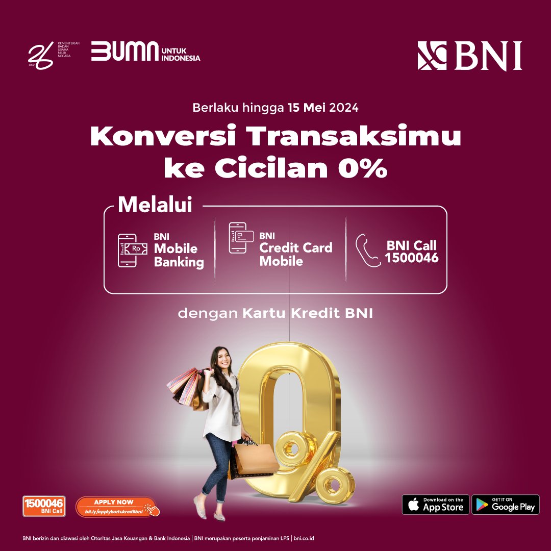 Manfaatkan promo eksklusif untuk para Nasabah BNI! 🎉✨ Konversikan transaksimu menjadi cicilan 0% tenor 3 dan 6 bulan dengan menggunakan Kartu Kredit BNI. Dengan layanan yang tersedia di BNI Mobile Banking, BNI Credit Card Mobile, dan BNI Call 1500046, prosesnya jadi lebih…