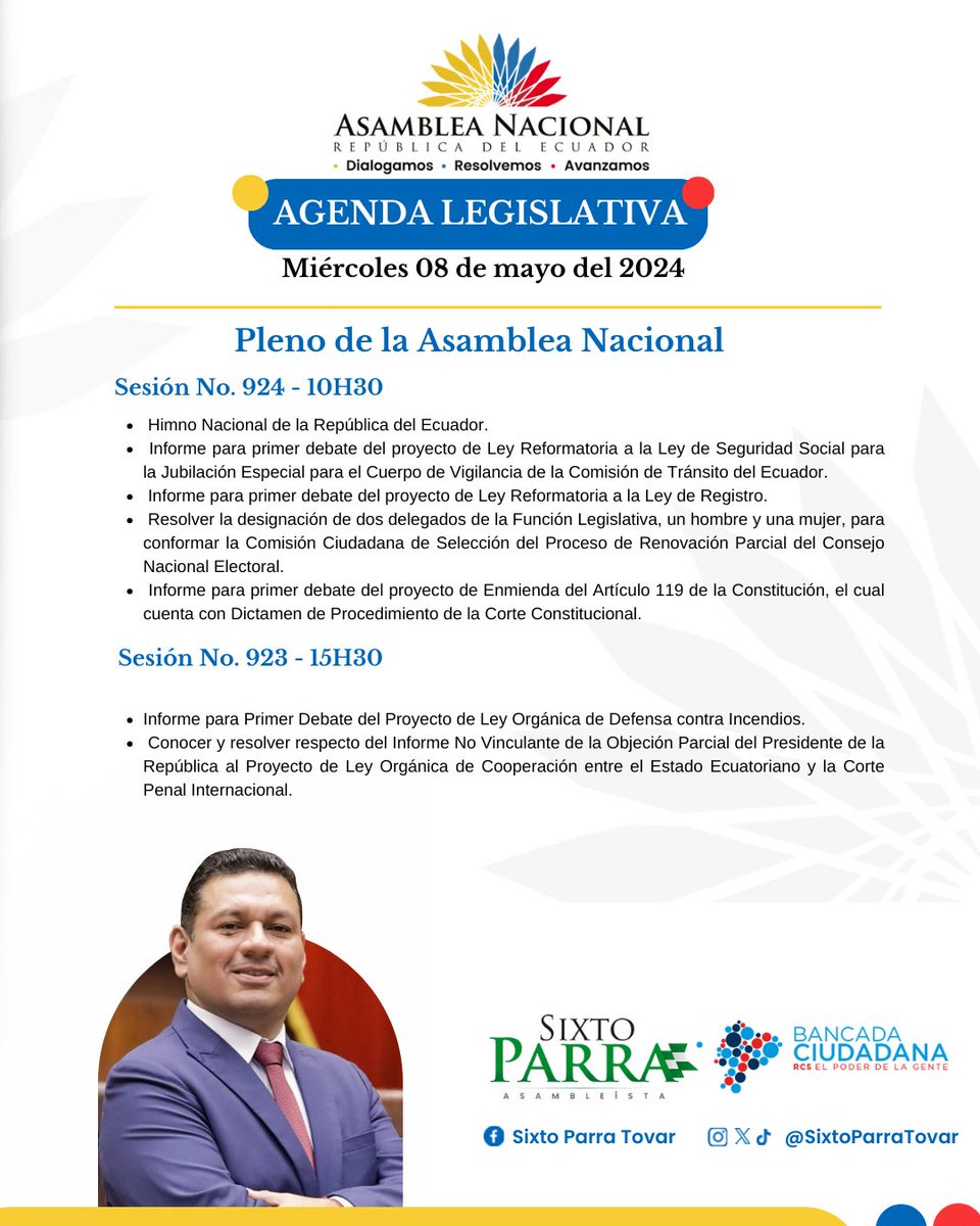 Agenda Legislativa 📔
Martes 07 de mayo del 2024 
Sesiones No. 826, 922 y 923 del Pleno de la Asamblea Nacional  ✅

#SixtoParraAsambleísta 
#BancadaCiudadana
#AsambleaNacionalDelEcuador
