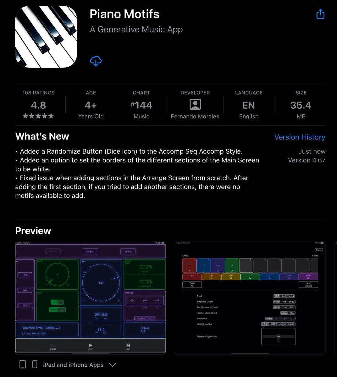 A new version of Piano Motifs (v4.67) is available. A randomize option was added to the Arpeggio Seq Accomp Style. Try it out!
#generativemusic #ipadmusic #musicapp #midi #midiloops #iosmusicproduction #musicproducer #iosapps #iphonemusic #pianomotifs #piano #pianomusic