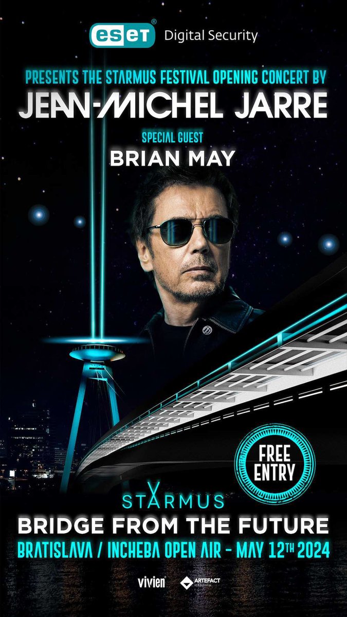 STARMUS VII, Bridge from the Future Concert +livestream AND WATCH. JOIN @jeanmicheljarre +special guest @DrBrianMay for ‘Bridge from the Future,’ a spectacular concert opening @StarmusFestival VII, live against stunning backdrop of SNP (UFO) Bridge. brianmay.com/brian-news/202… @ESET