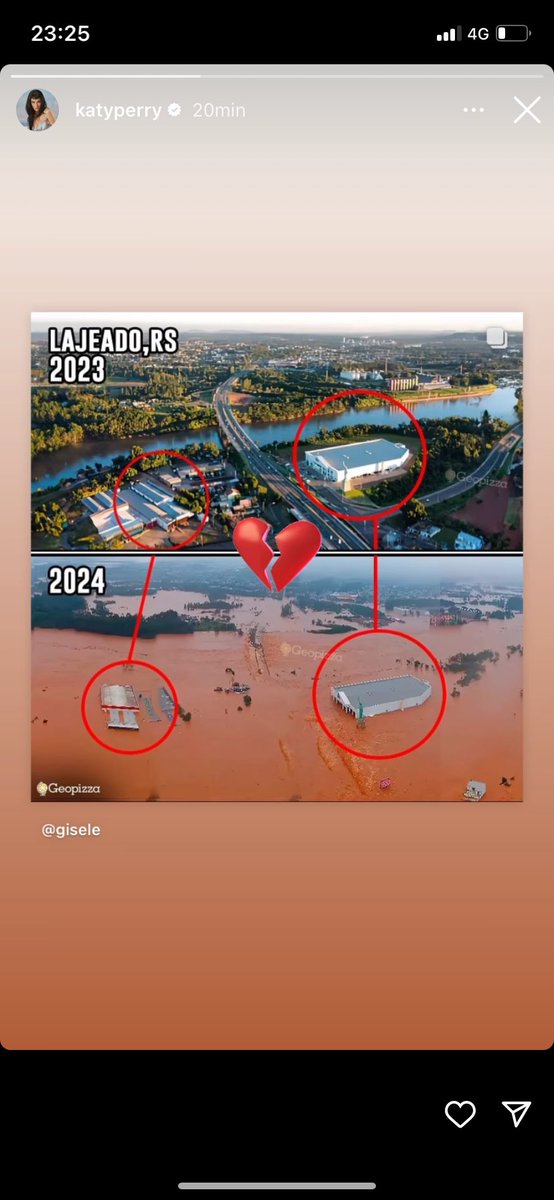 Via story, Katy Perry compartilhou a publicação de Gisele Bündchen sobre catástrofe ambiental no Rio Grande do Sul.