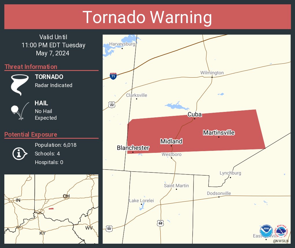 Tornado Warning including Blanchester OH, Martinsville OH and  Midland OH until 11:00 PM EDT