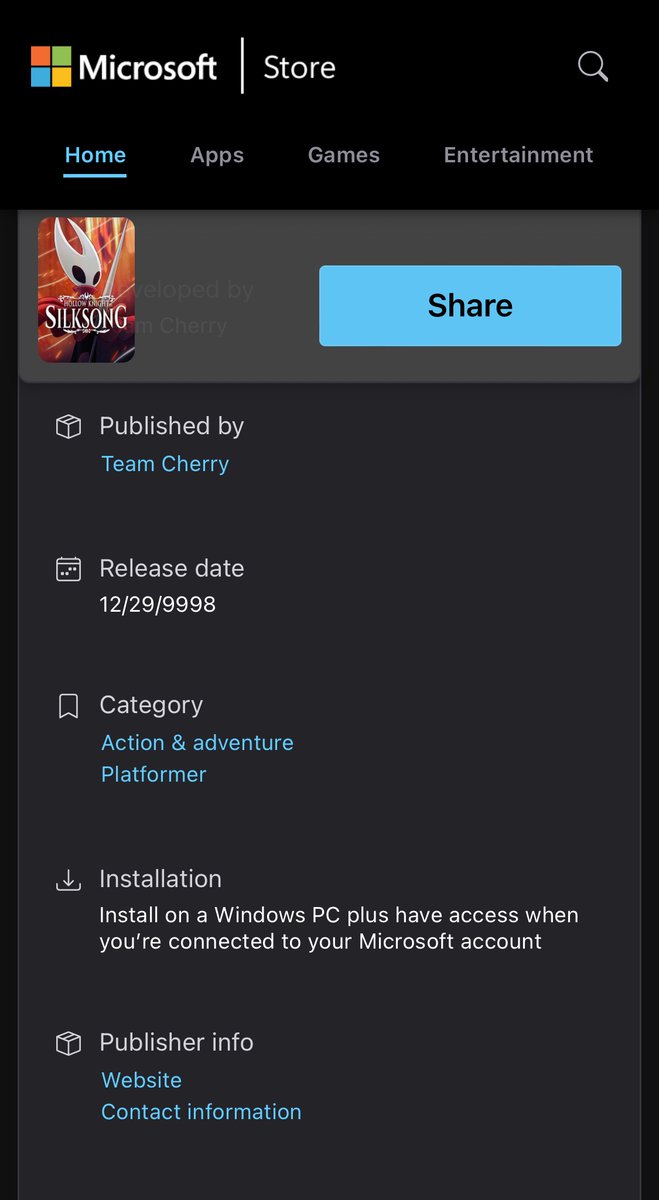 ‼️SILKSONG RELEASE DATE ON MICROSOFT STORE LISTING‼️ @DailySilksong (apps.microsoft.com/detail/9n116v0…)