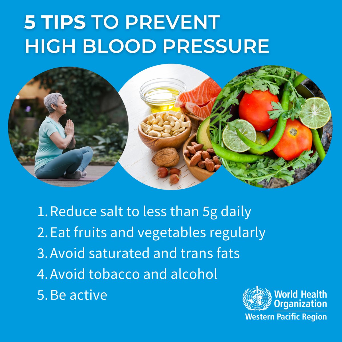 #Hypertension or high blood pressure can cause health complications if it is not controlled. Here are tips to prevent it ⤵️ ☑ Reduce salt to less than 5g daily ☑ Increase fruits and vegetables intake ☑ Avoid saturated and trans fats ☑ Avoid tobacco and alcohol ☑ Keep active