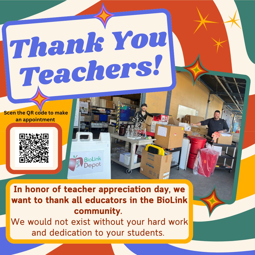 We love our teachers! BioLink thrives because of the passionate, creative, and talented teachers who pick up free supplies from the Depot. Scan the QR code to make an appointment at the Depot, and happy Teacher Appreciation Day!