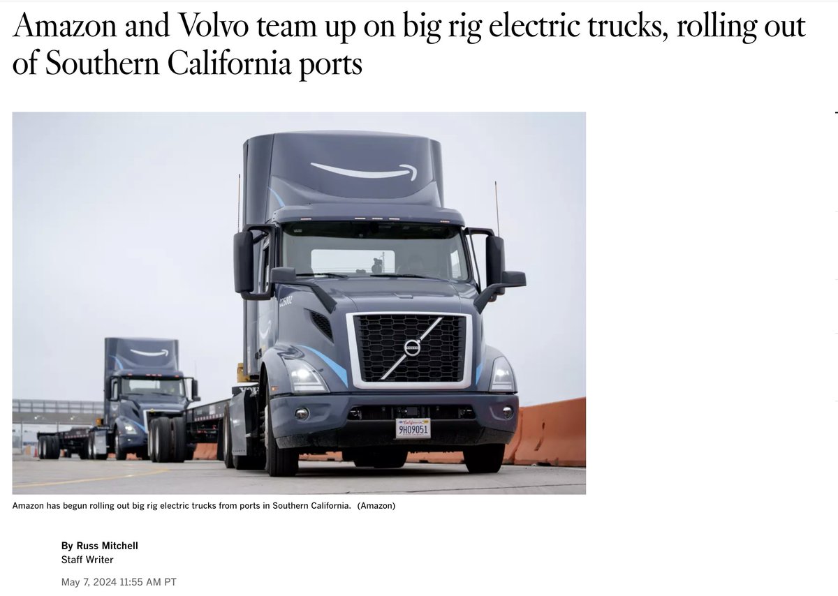 Show me something green and I'll show you a disaster: 1. New California law forces @Amazon to buy $500,000 electric trucks vs. $120,000 diesel trucks. 2. Electric trucks only get 275 miles on a charge, about the 25% of the range of a diesel rig. latimes.com/environment/st…