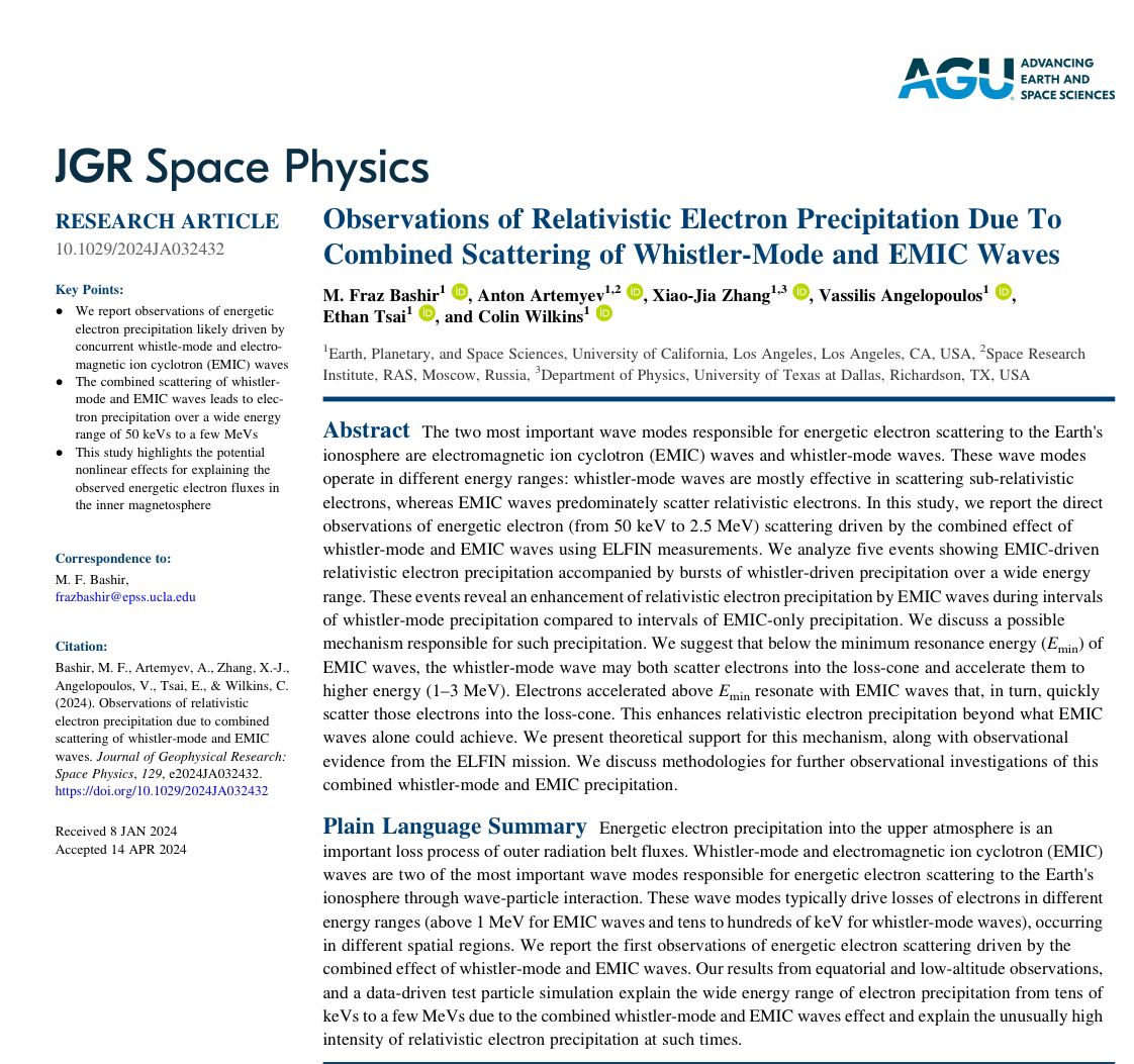 mfrazbashir's tweet photo. 📷 Exciting News! 📷 Just published a seminal paper in JGR Physics revealing the FIRST observations of energetic electron showers caused by EMIC and whistler waves in our Earth's atmosphere using data from THEMIS and ELFIN Missions!  #jgrspacephysics #UCLA #NASA #NSF https://t.co/K34TZazFrS