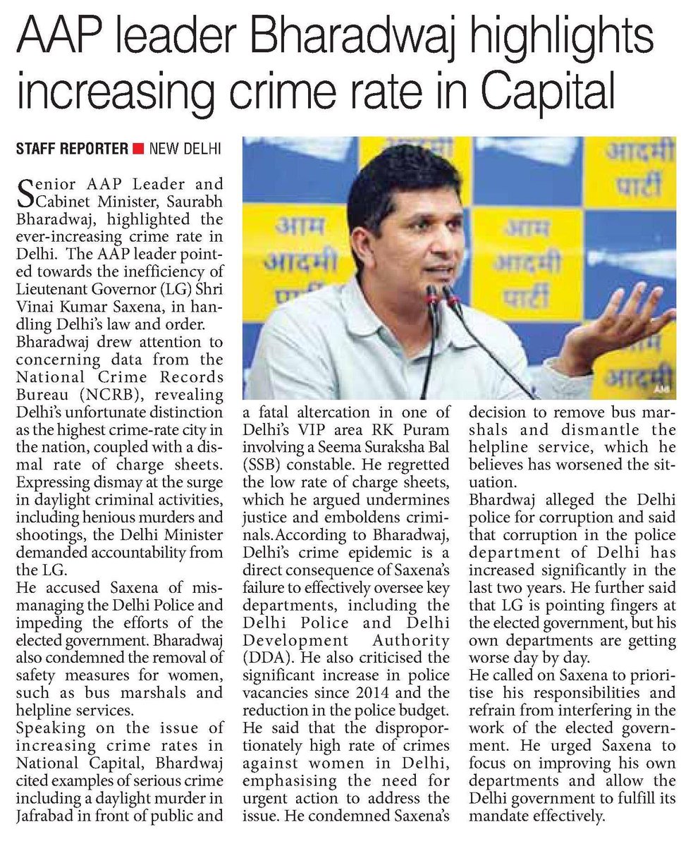 AAP leader Bharadwaj highlights increasing crime rate in Capital