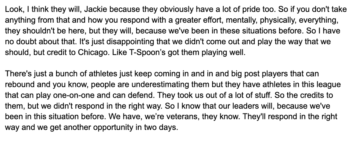 Sandy Brondello spoke about how she and her team just 'got their butts kicked' in a game that featured 'an embarrassing effort' and 'terrible' defense. I asked her about how she thinks the returners will internalize this 50 point loss and set a better example on Thursday: