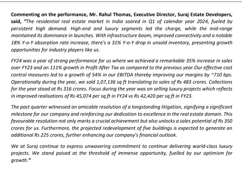 Suraj estate developers #SURAJEST #SURAJESTATE Press release: Good #Q4FY24 and #FY24 numbers with record numbers for FY24👏 Solid margin expansion witnessed in FY24 700bps margin expansion YoY 🔥 Interest costs would continue to go down from here as they repaid 308cr loan…