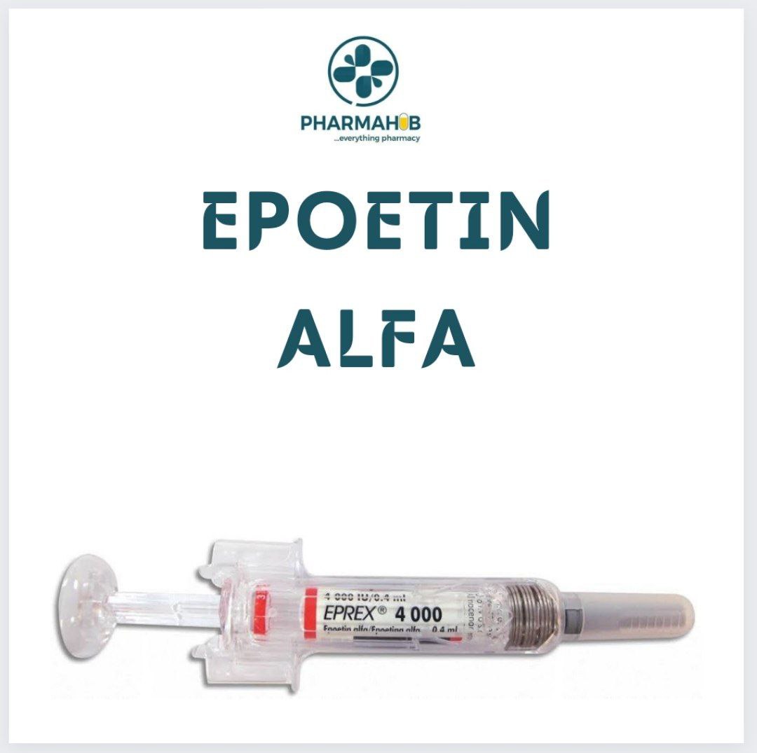 ● Epoetin alfa is a recombinant form of human erythropoietin:.
It is used to treat anaemia associated with:
- chronic kidney failure
- chemotherapy
It stimulates erythropoiesis, red blood cell production.

Side effects:
- hypertension
- migraine
- joint pain
- clot formation