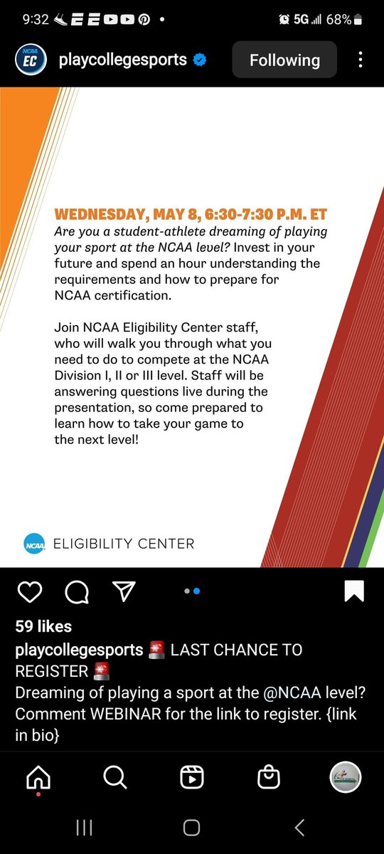 Repost@playcollegesports 

Last chance to register for the FREE webinar for student-athletes who wish to play sports on the NCAA level.

#athletes #studentathletes #planpreparepursue