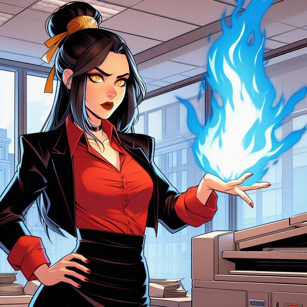 BlackJack89's tweet photo. What?! Azula's just trying a diffrent aproch to get the copier to work properly, PC LOAD LETTER my ass! #Azula #AvatarTheLastAirbender #Firebender #AiArtWork #AIArt #Office #PCLOADLETTER https://t.co/e6779A7x68