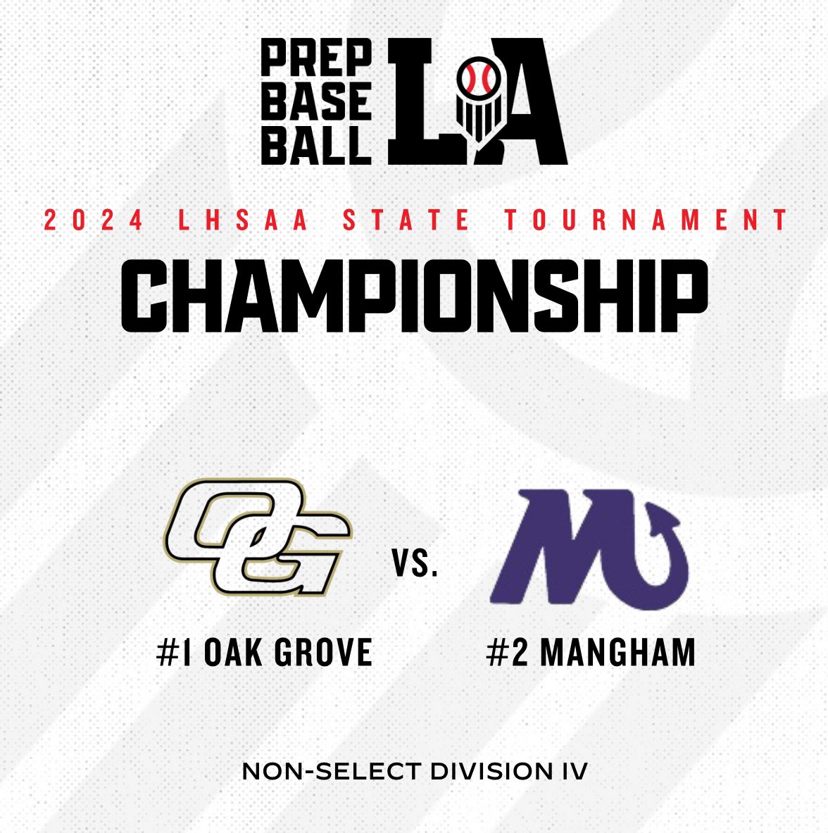 🏆 𝐍𝐨𝐧-𝐒𝐞𝐥𝐞𝐜𝐭 𝐃-𝐈𝐕 #1 Oak Grove vs. #2 Mangham 05/10/24 @ 2 PM (Field 40) The stage is set for the @LHSAAsports Non-Select D-IV State Title game. #BeSeen @prepbaseball | @AlexArmandPBR