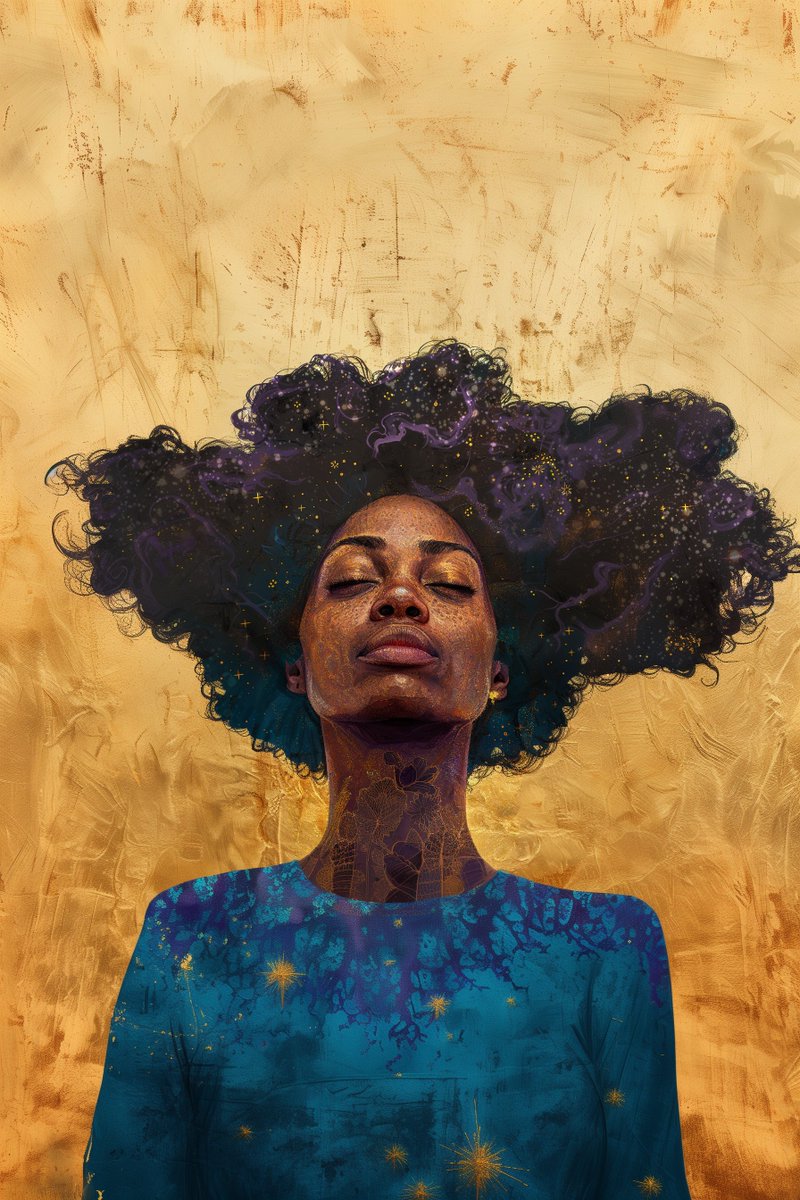 Several of my portraits are of Black folks in a dream state, partly because of when I started using AI tools based on DeepDream in 2016. Cloud computing is another reference re: the hair. The gold is because of specular reflection or 'shine,' a CGI effect.