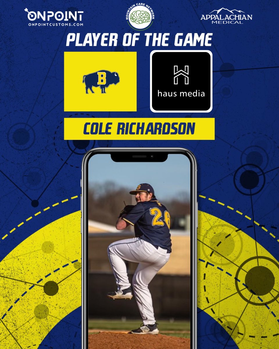 @haus_media Player of the Game goes to Buffalo High Baseball Cole Richardson who pitched 6 innings stringing out 11 batters to help the Bison defeat Tug Valley 3-0‼️⚾️🔥 Sponsored By: Appalachian Medical, Mountain Care Network , OnPoint Custom