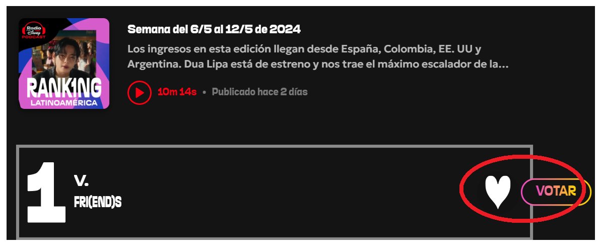 Radio Disney 라틴아메리카 (5월 6일~12일)
주간 1위, 뷔의 FRI(END)S!
아래 링크에서 계속 투표해 주세요.

👉🏻ar.radiodisney.com/ranking