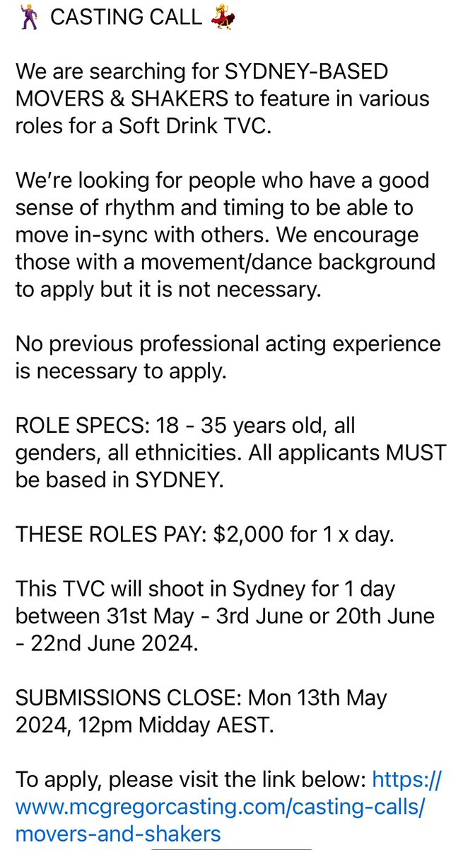 NSW: mcgregorcasting.com/casting-calls/…

#mcgregorcasting #moversandshakers #18to35yearsold #softdrink #tvcommercial #TVC #allgenders #allethnicities #goodrythm #goodtiming #MoveInSync #movement #dance #sydney #dancetalent #castingopportunity #audition #auditionalert @mcgregorcasting